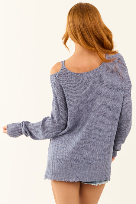 Dusty Blue Cold Shoulder Open Knit Sweater