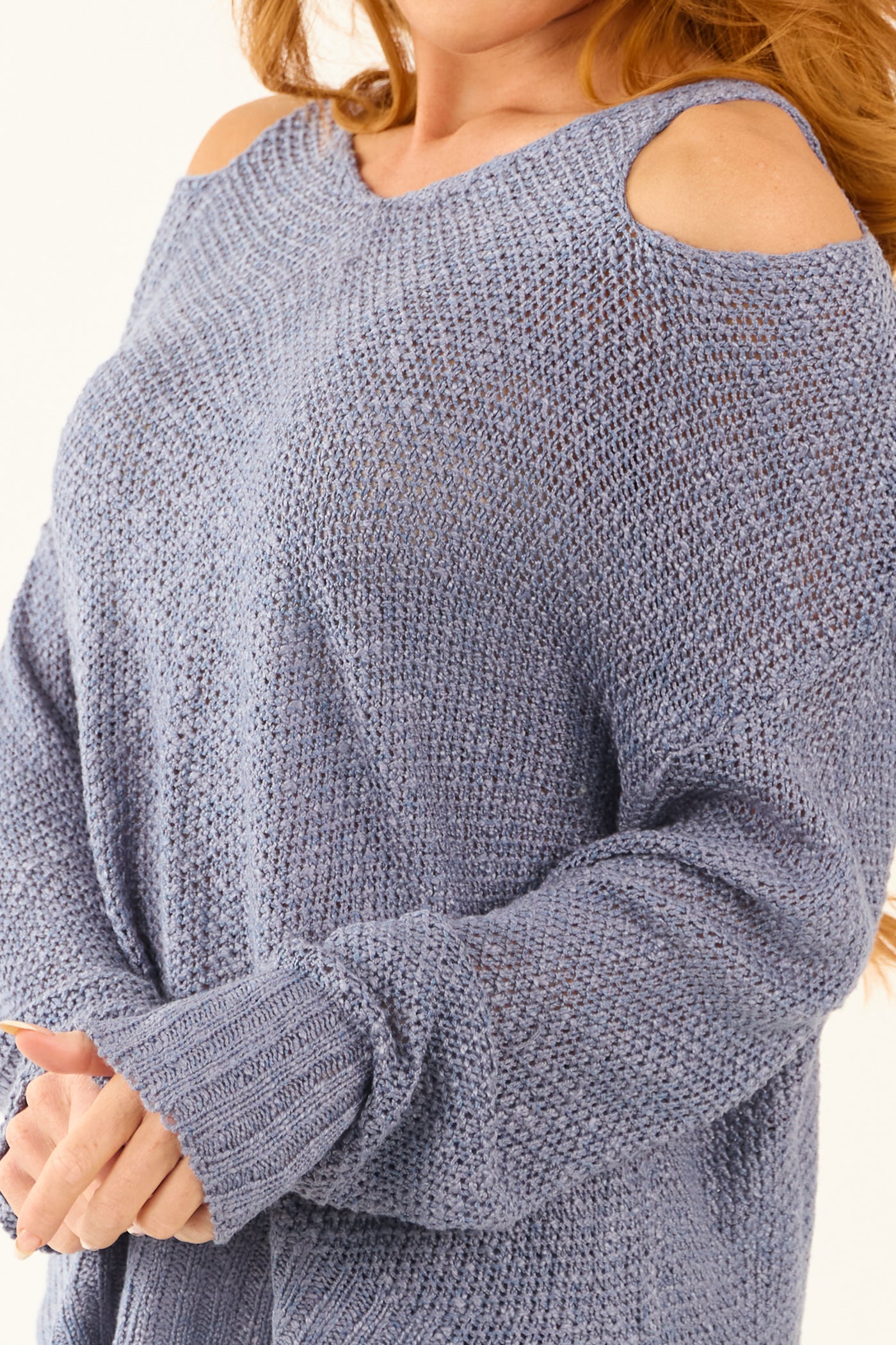 Dusty Blue Cold Shoulder Open Knit Sweater