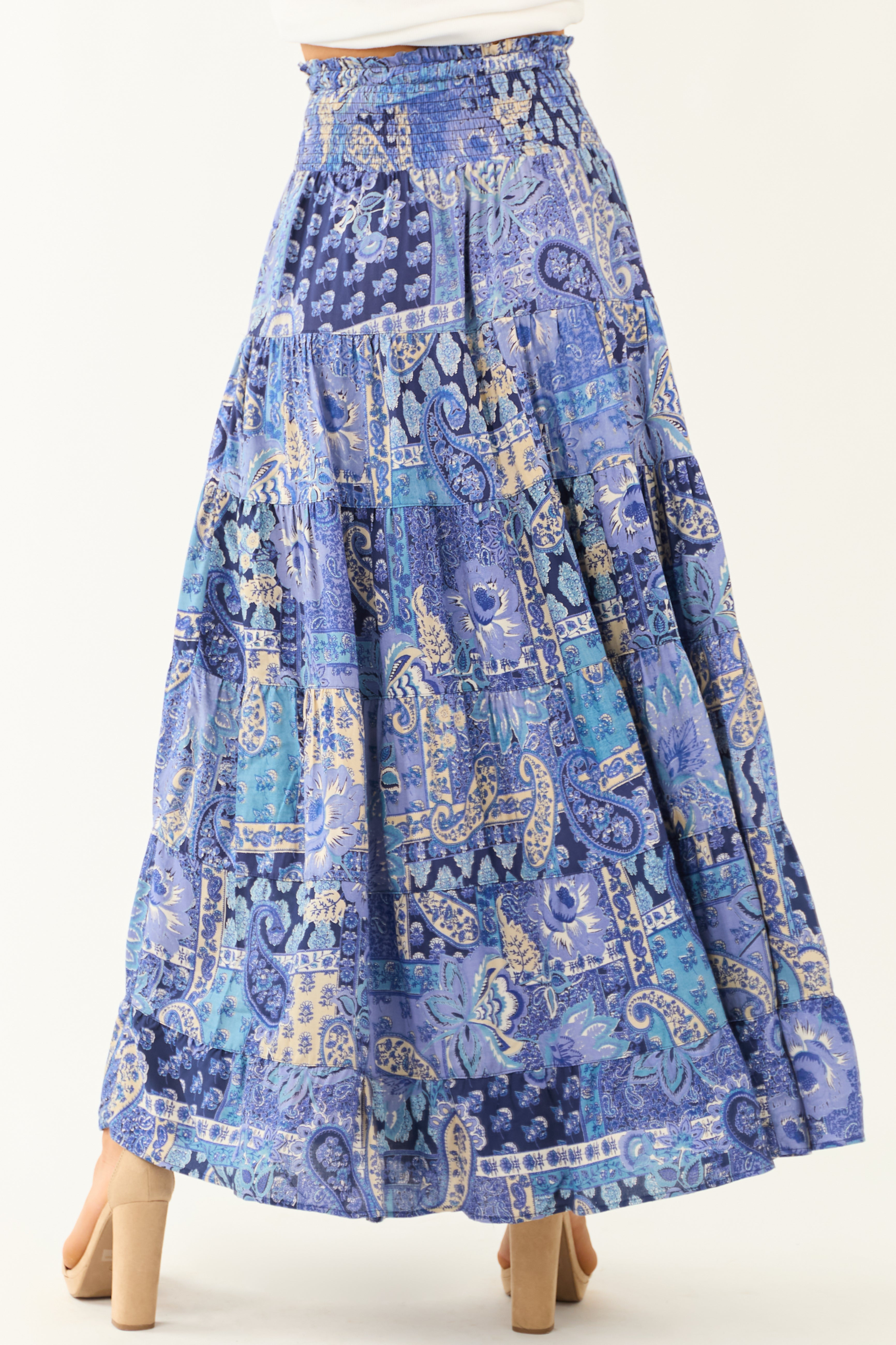 Dusty Blue Floral Print Smocked Tiered Maxi Skirt