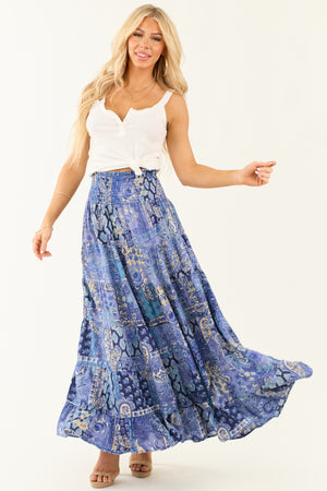 Dusty Blue Floral Print Smocked Tiered Maxi Skirt