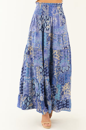 Dusty Blue Floral Print Smocked Tiered Maxi Skirt