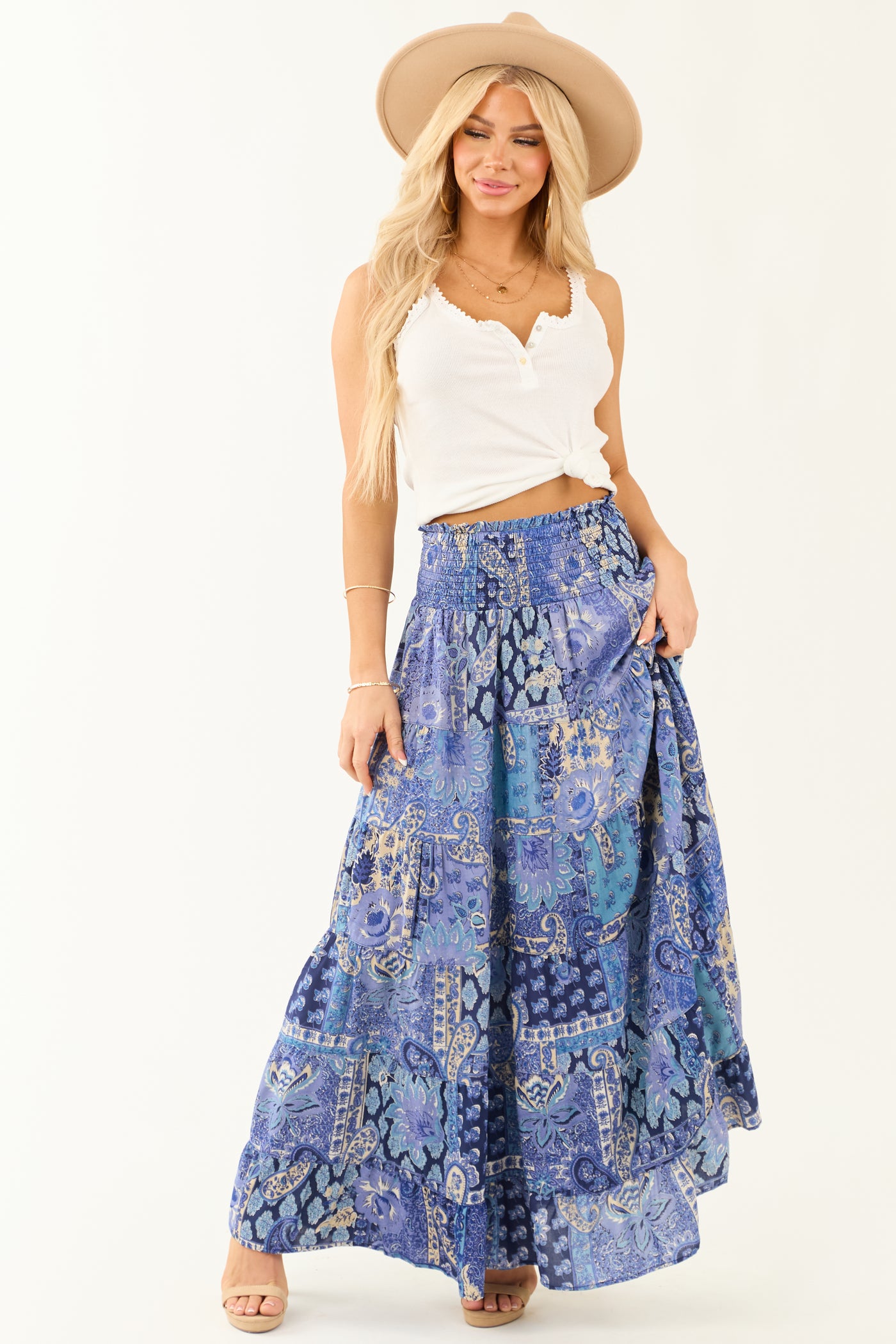 Dusty Blue Floral Print Smocked Tiered Maxi Skirt