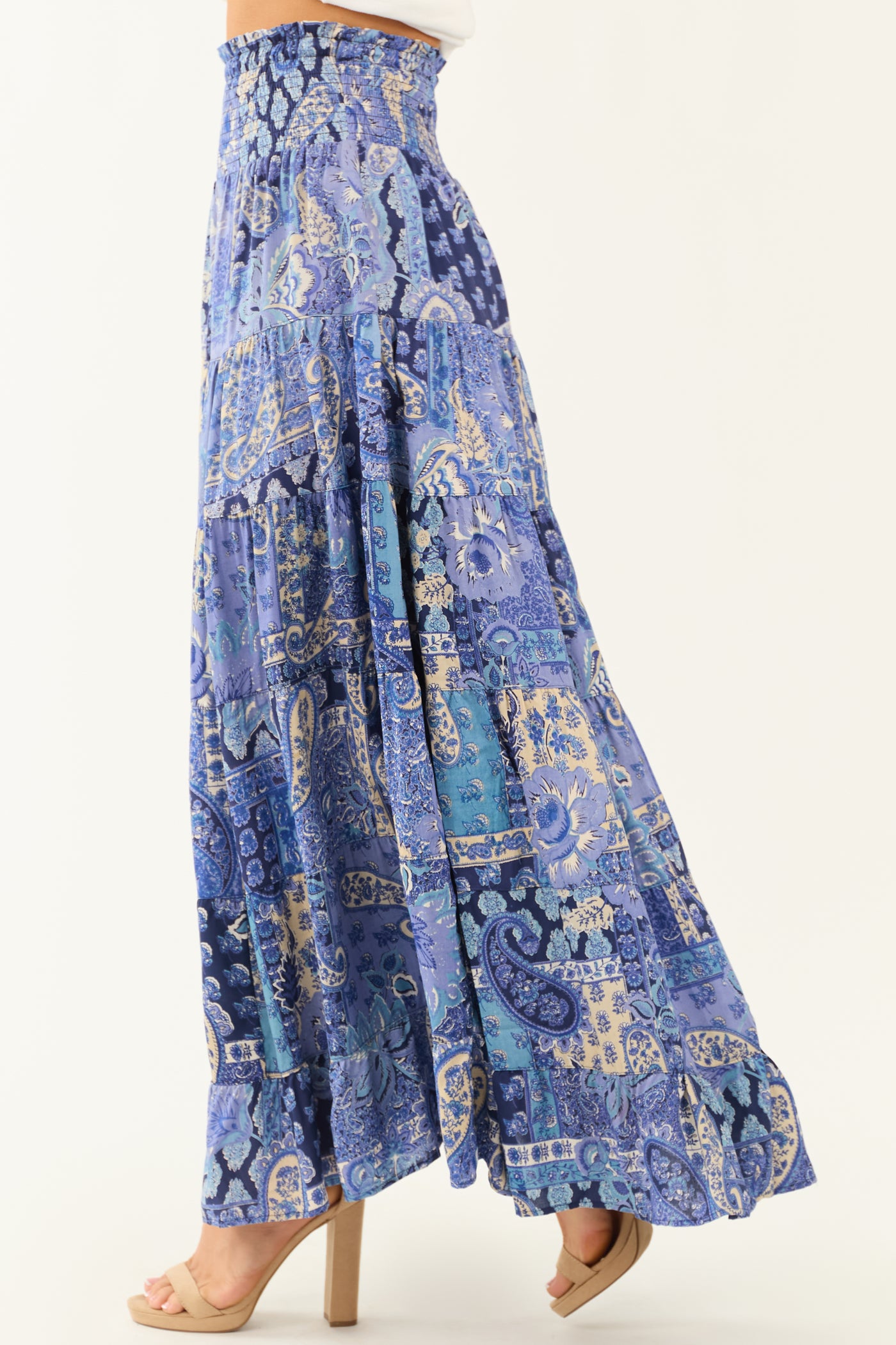 Dusty Blue Floral Print Smocked Tiered Maxi Skirt