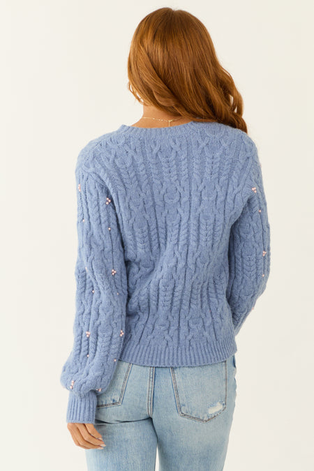 Dusty Blue Pearl Detailed Cable Knit Sweater