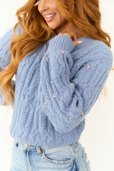 Dusty Blue Pearl Detailed Cable Knit Sweater