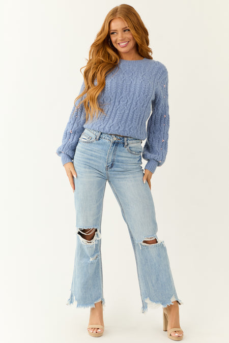 Dusty Blue Pearl Detailed Cable Knit Sweater