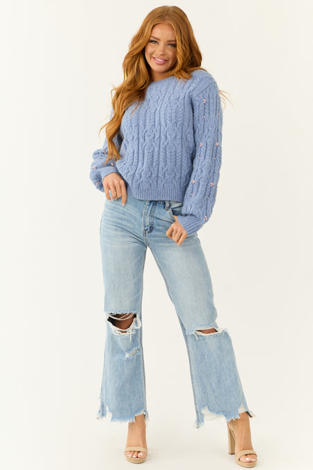 Dusty Blue Pearl Detailed Cable Knit Sweater