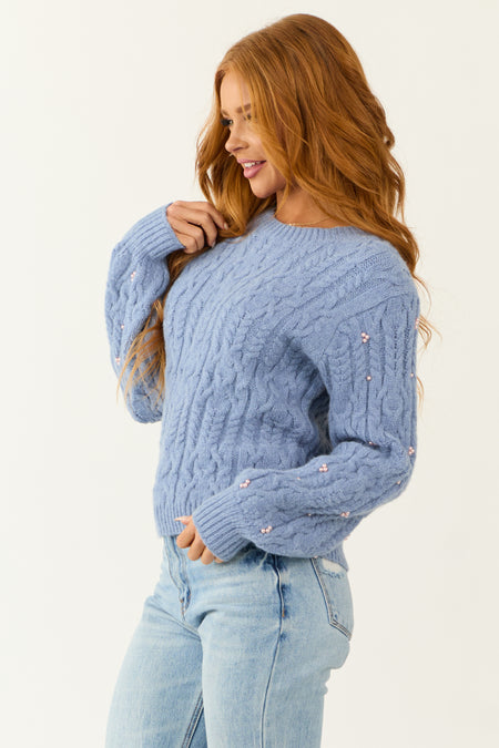 Dusty Blue Pearl Detailed Cable Knit Sweater