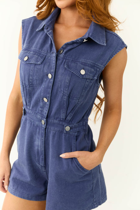 Dusty Blue Washed Denim Button Up Romper