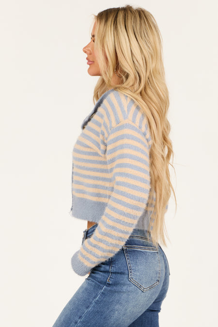 Dusty Blue and Champagne Striped Button Up Cardigan