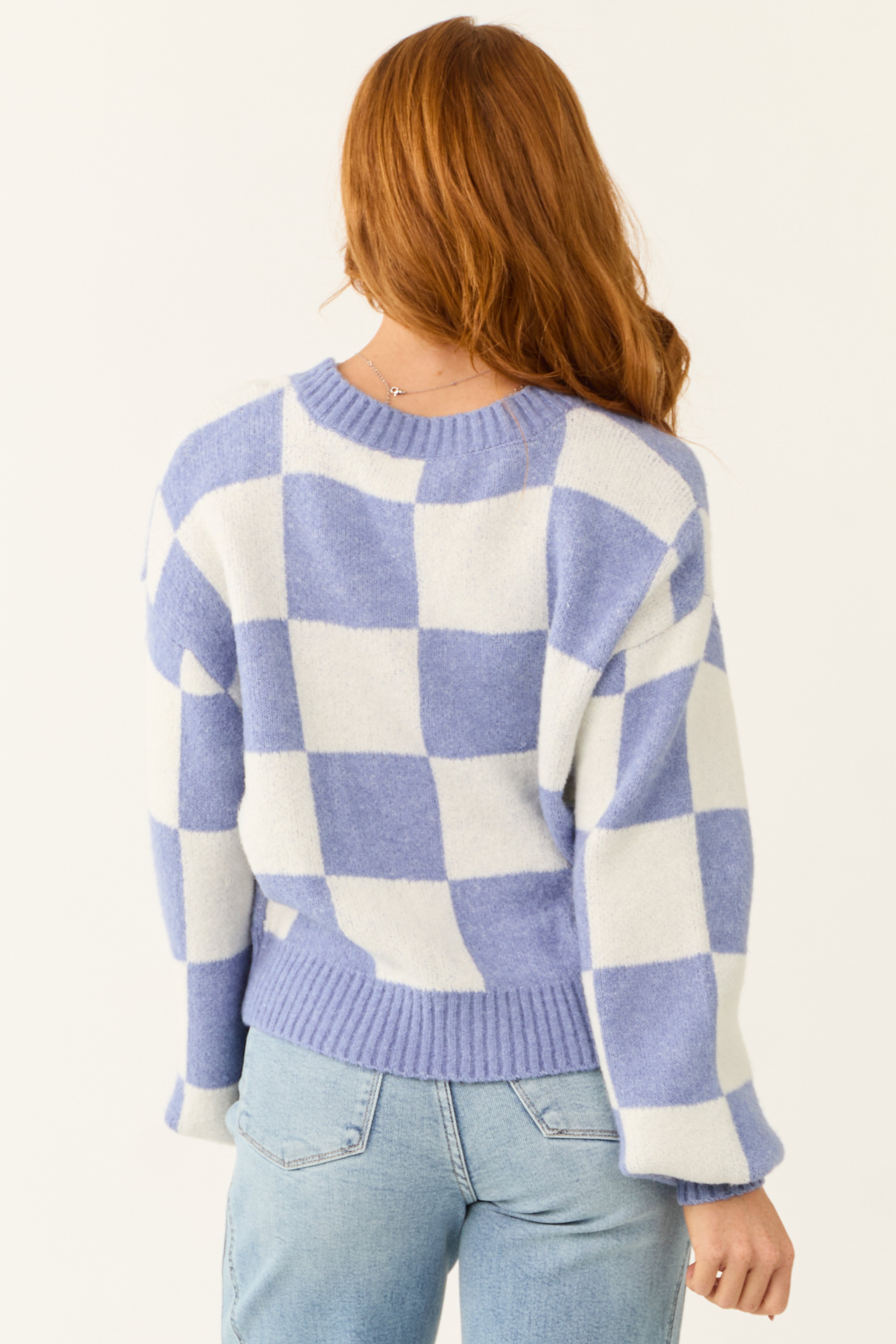 Dusty Blue and Ivory Checkered Print Cardigan