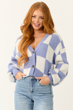 Dusty Blue and Ivory Checkered Print Cardigan