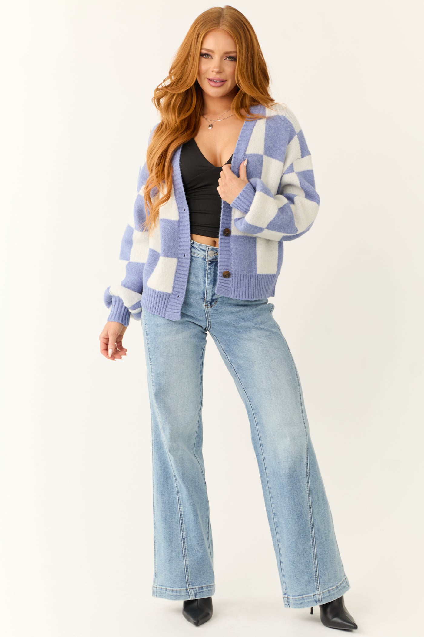 Dusty Blue and Ivory Checkered Print Cardigan