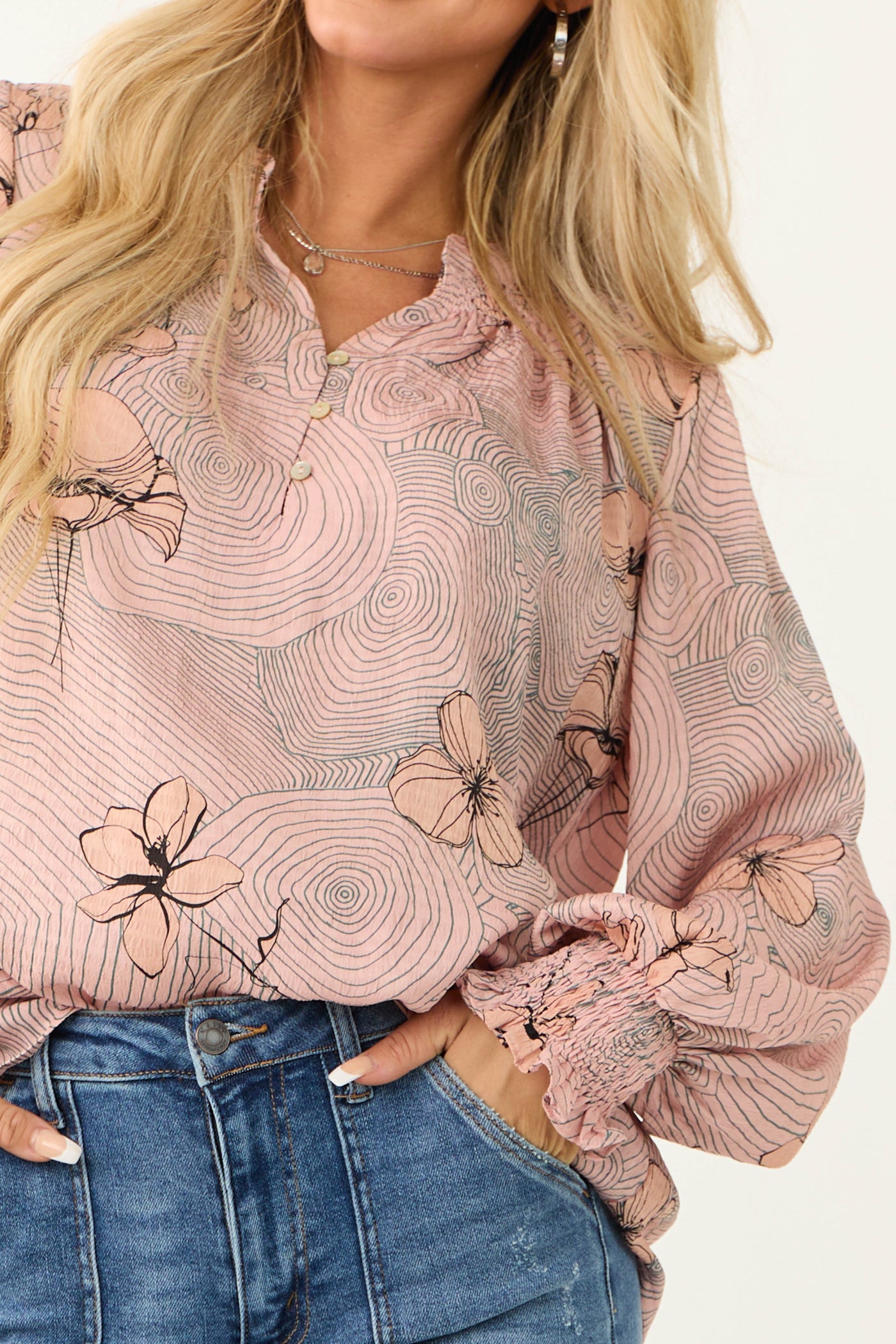 Dusty Blush Abstract Print Long Sleeve Blouse