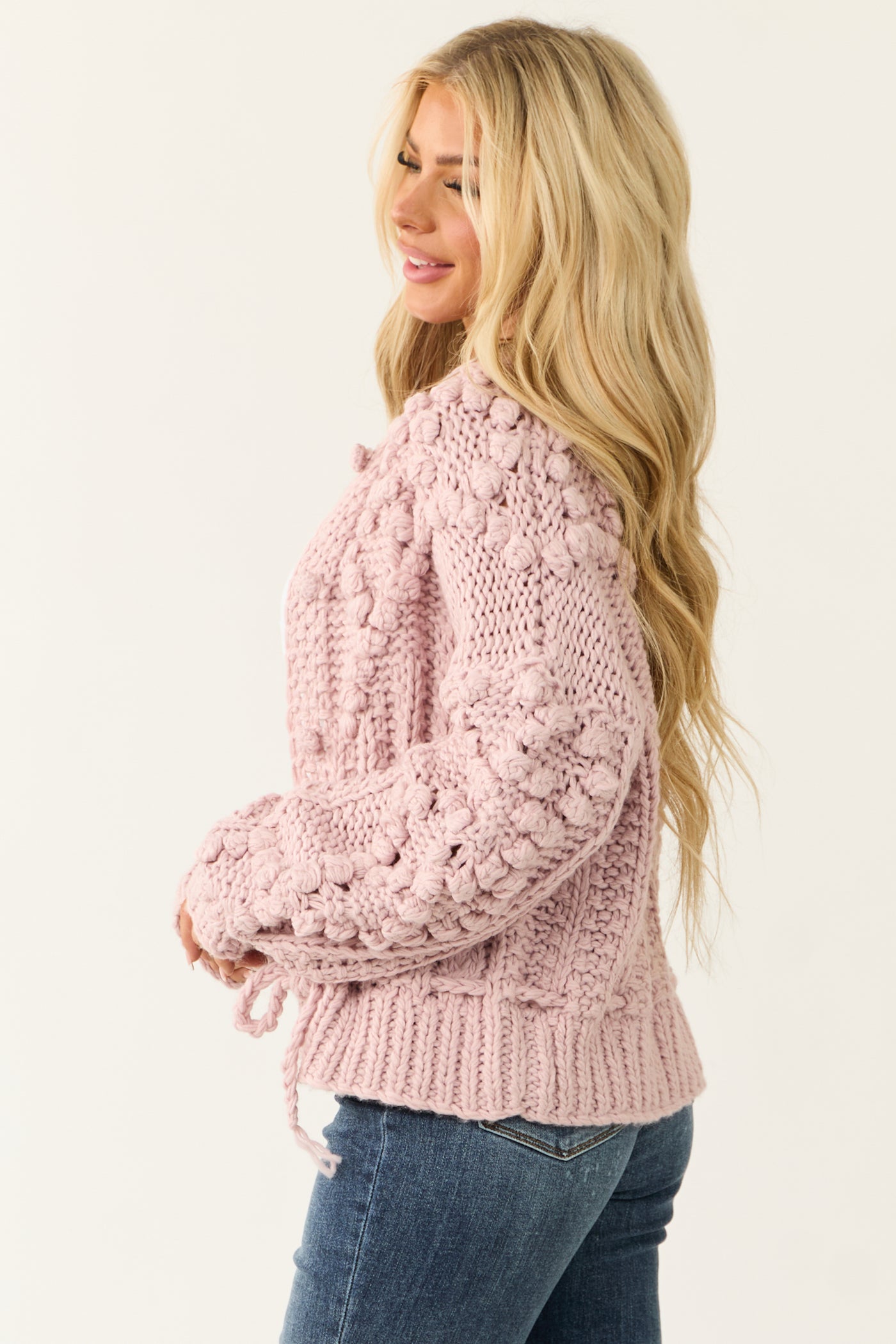 Dusty Blush Button Down Crochet Dot Cardigan