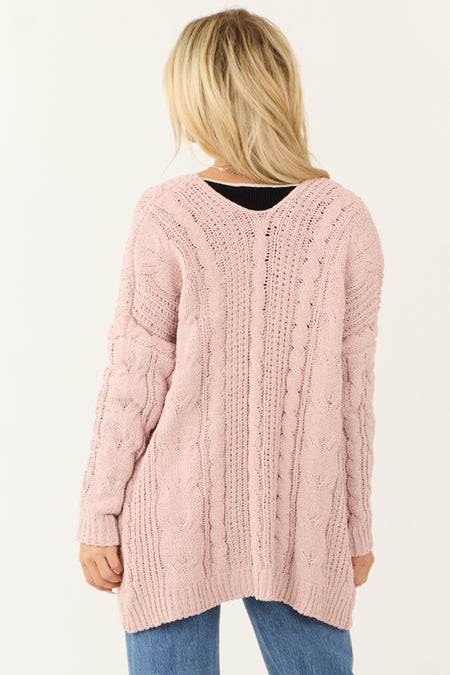 Dusty Blush Chenille Open Front Cable Knit Cardigan