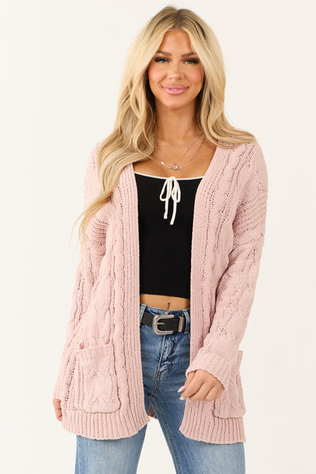 Dusty Blush Chenille Open Front Cable Knit Cardigan