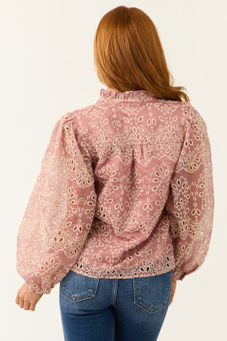 Dusty Blush Floral Eyelet Long Sleeve Top