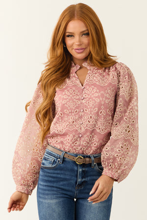 Dusty Blush Floral Eyelet Long Sleeve Top