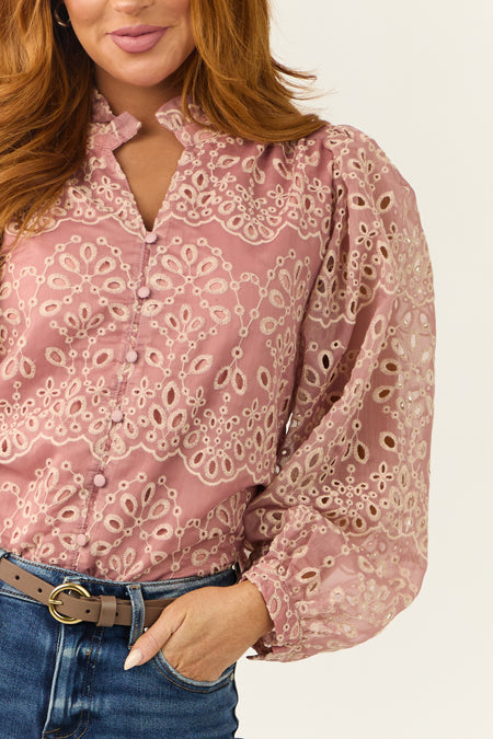 Dusty Blush Floral Eyelet Long Sleeve Top