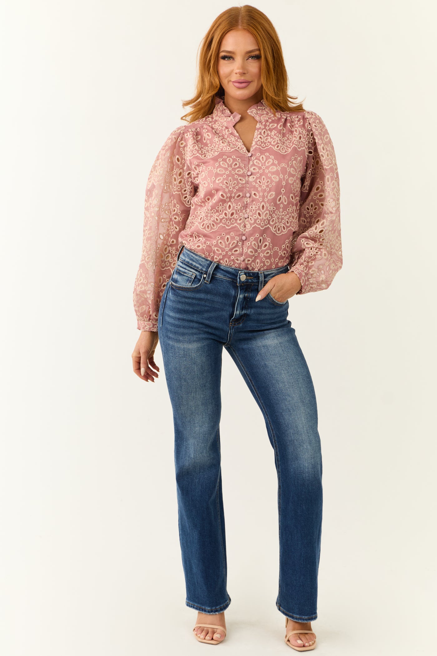 Dusty Blush Floral Eyelet Long Sleeve Top