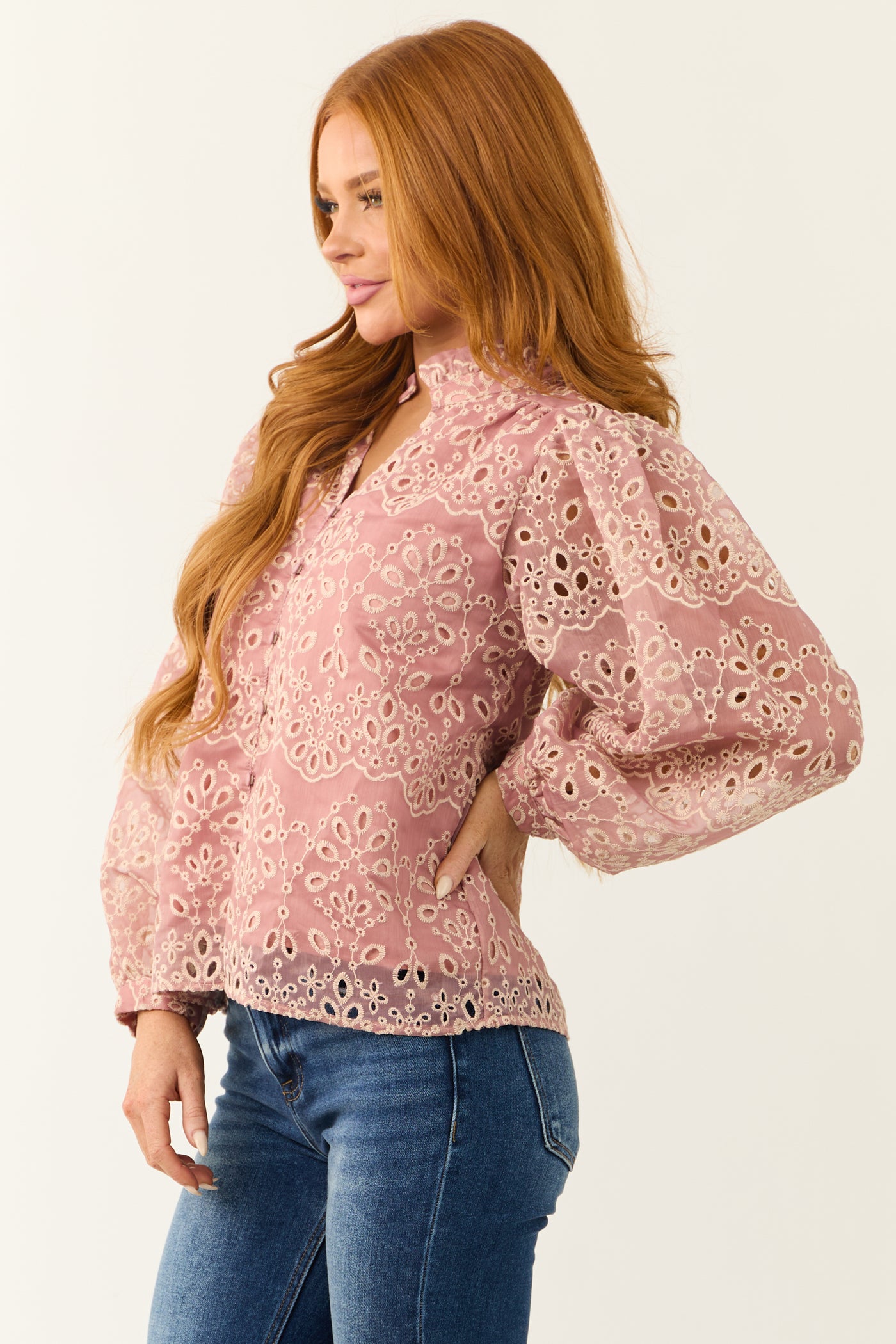 Dusty Blush Floral Eyelet Long Sleeve Top