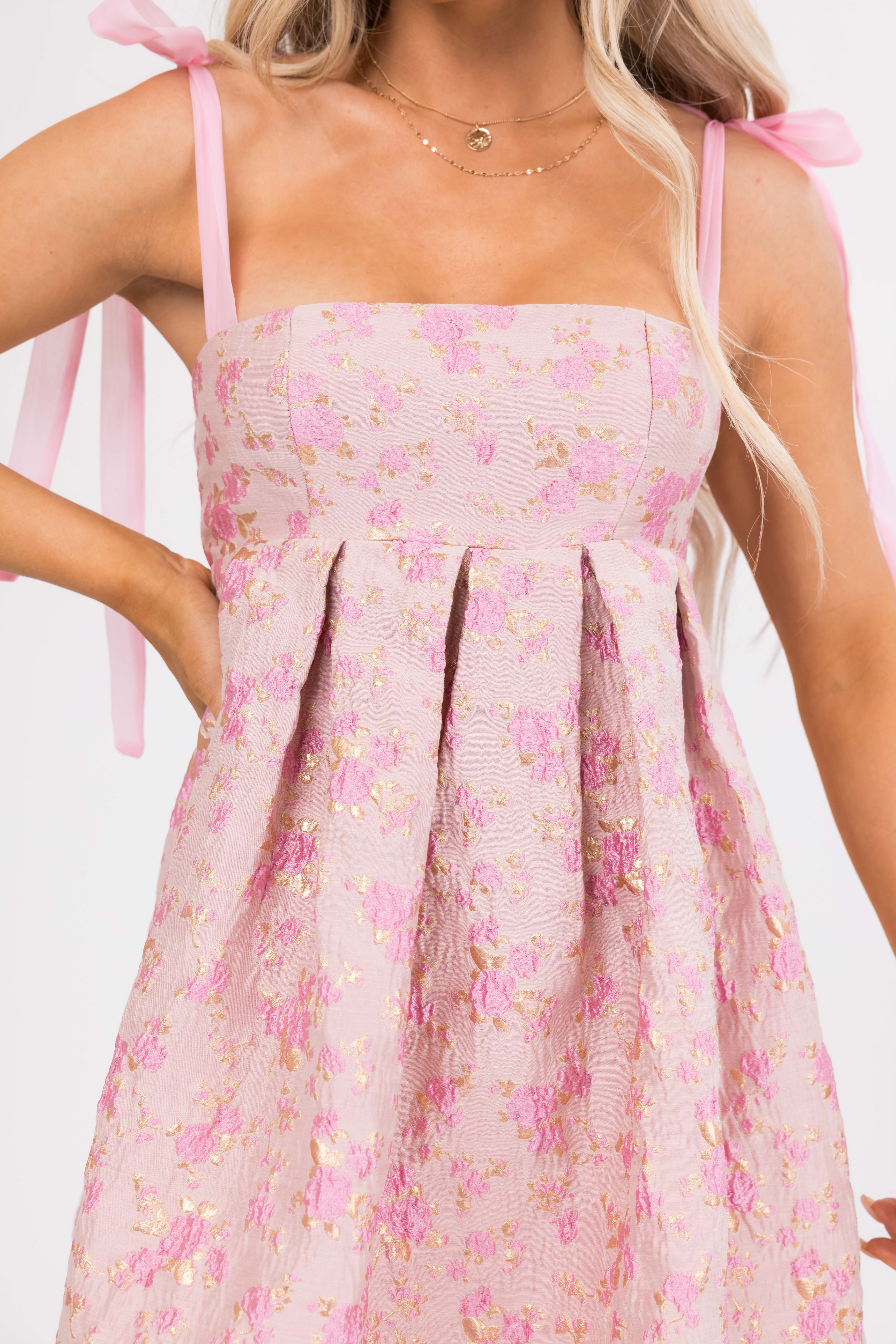 Dusty Blush Floral Print Bow Strap Dress