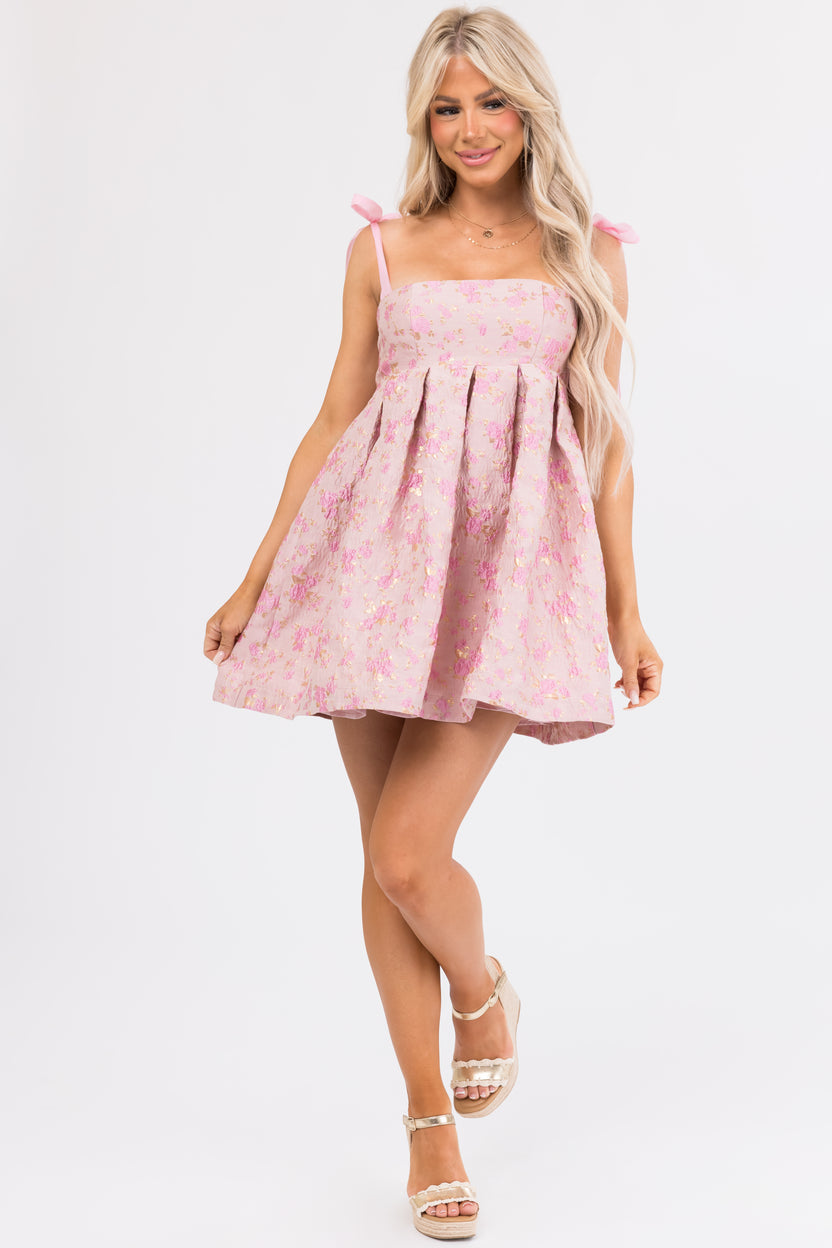 Dusty Blush Floral Print Bow Strap Dress