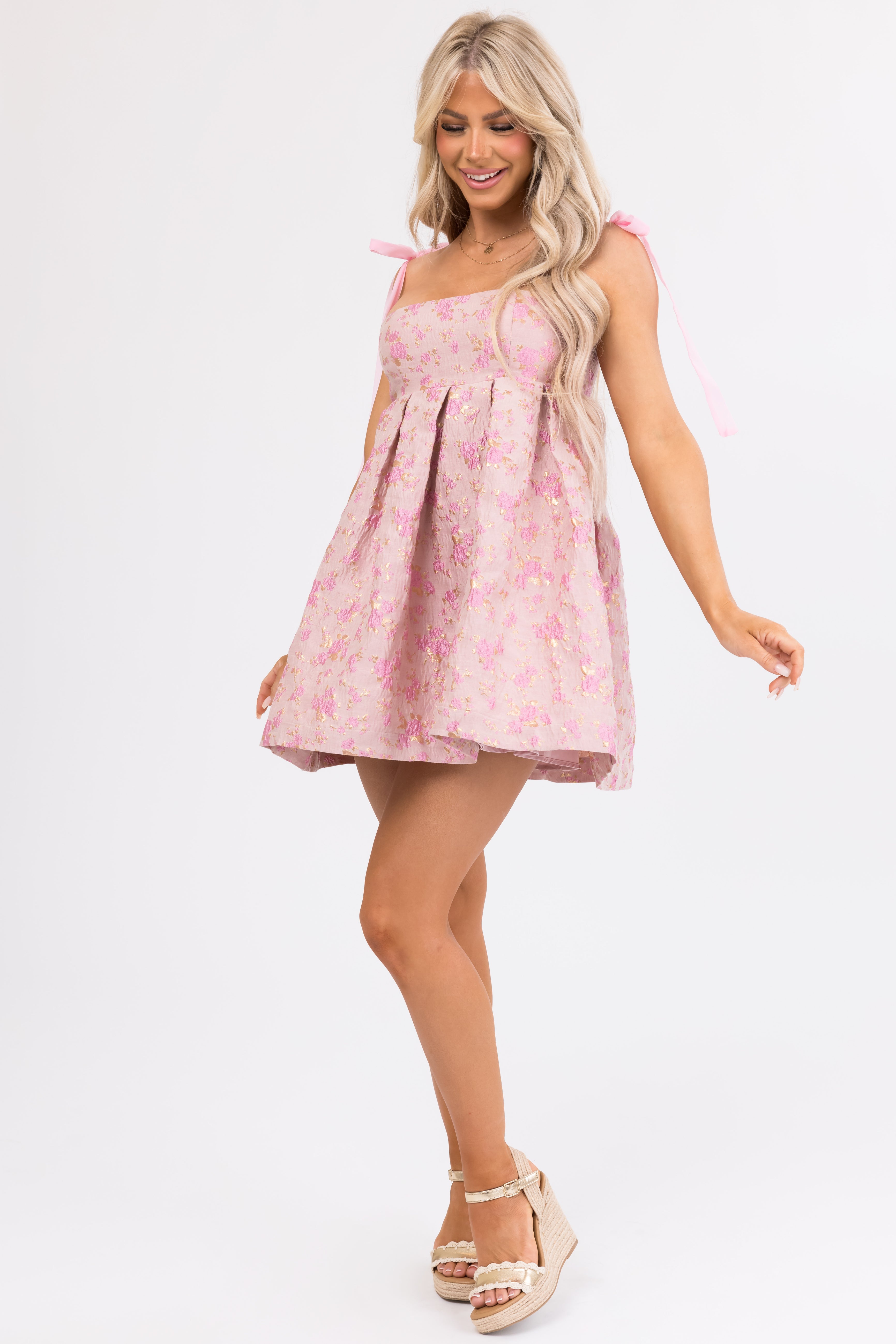 Dusty Blush Floral Print Bow Strap Dress