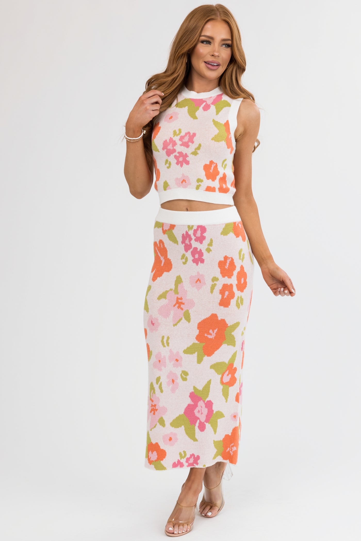 Dusty Blush Floral Print Knit Midi Skirt