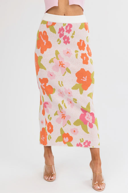 Dusty Blush Floral Print Knit Midi Skirt