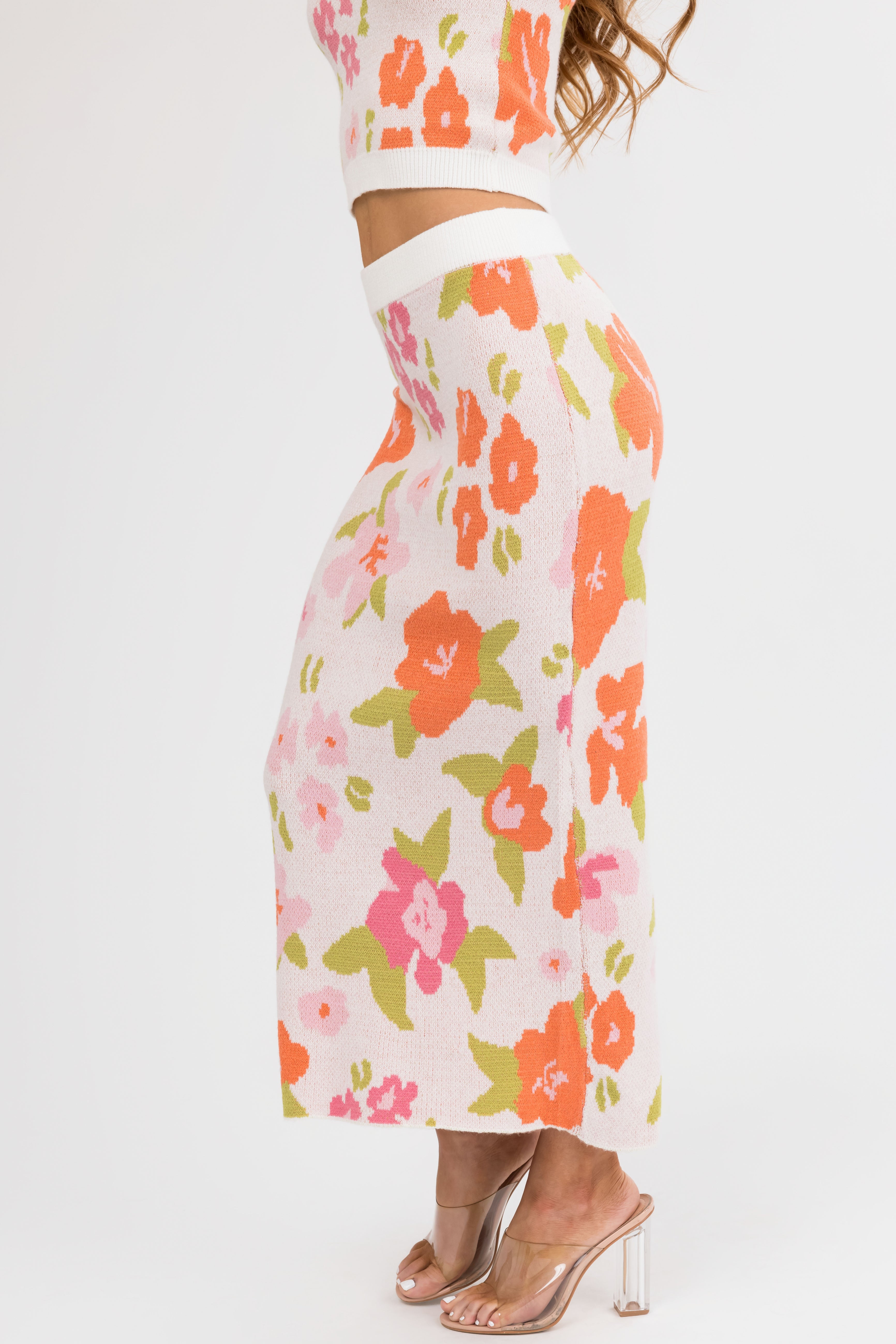 Dusty Blush Floral Print Knit Midi Skirt