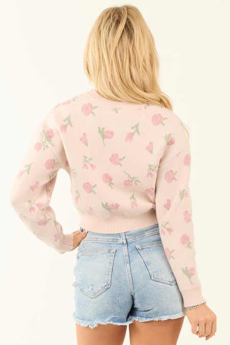 Dusty Blush Floral Print Slight Crop Sweater