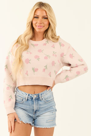 Dusty Blush Floral Print Slight Crop Sweater