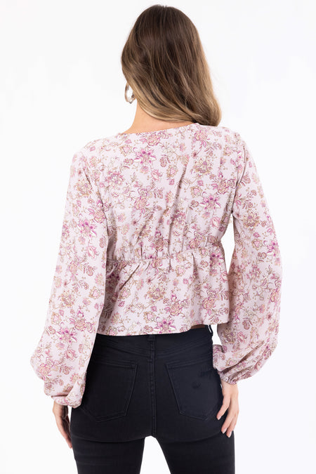 Dusty Blush Floral Print V Neck Long Sleeve Top