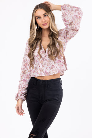 Dusty Blush Floral Print V Neck Long Sleeve Top