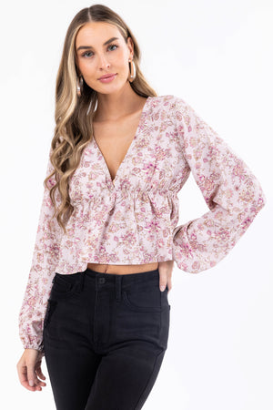 Dusty Blush Floral Print V Neck Long Sleeve Top