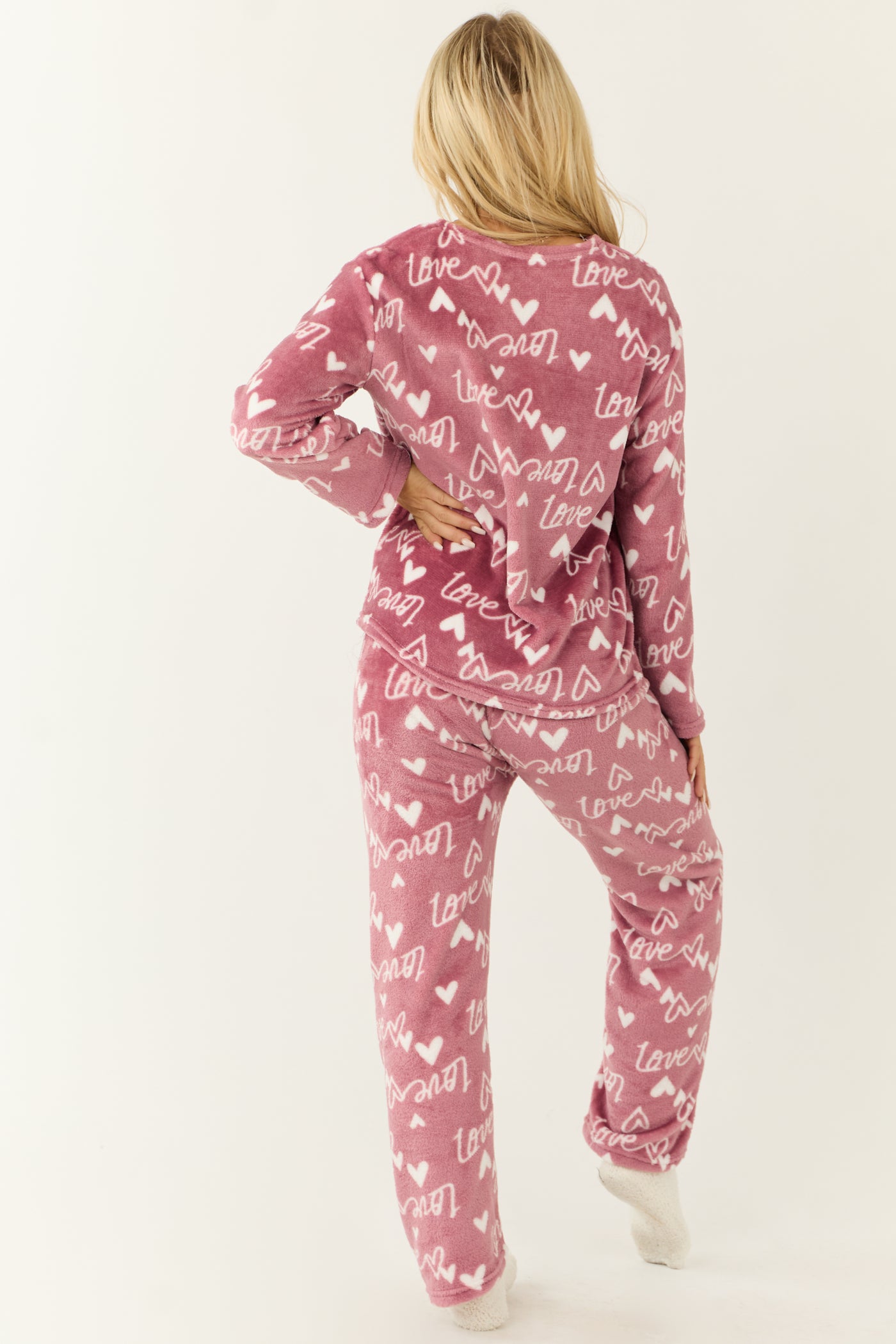 Dusty Blush Heart Love Print 2 Piece Soft Pajama Set