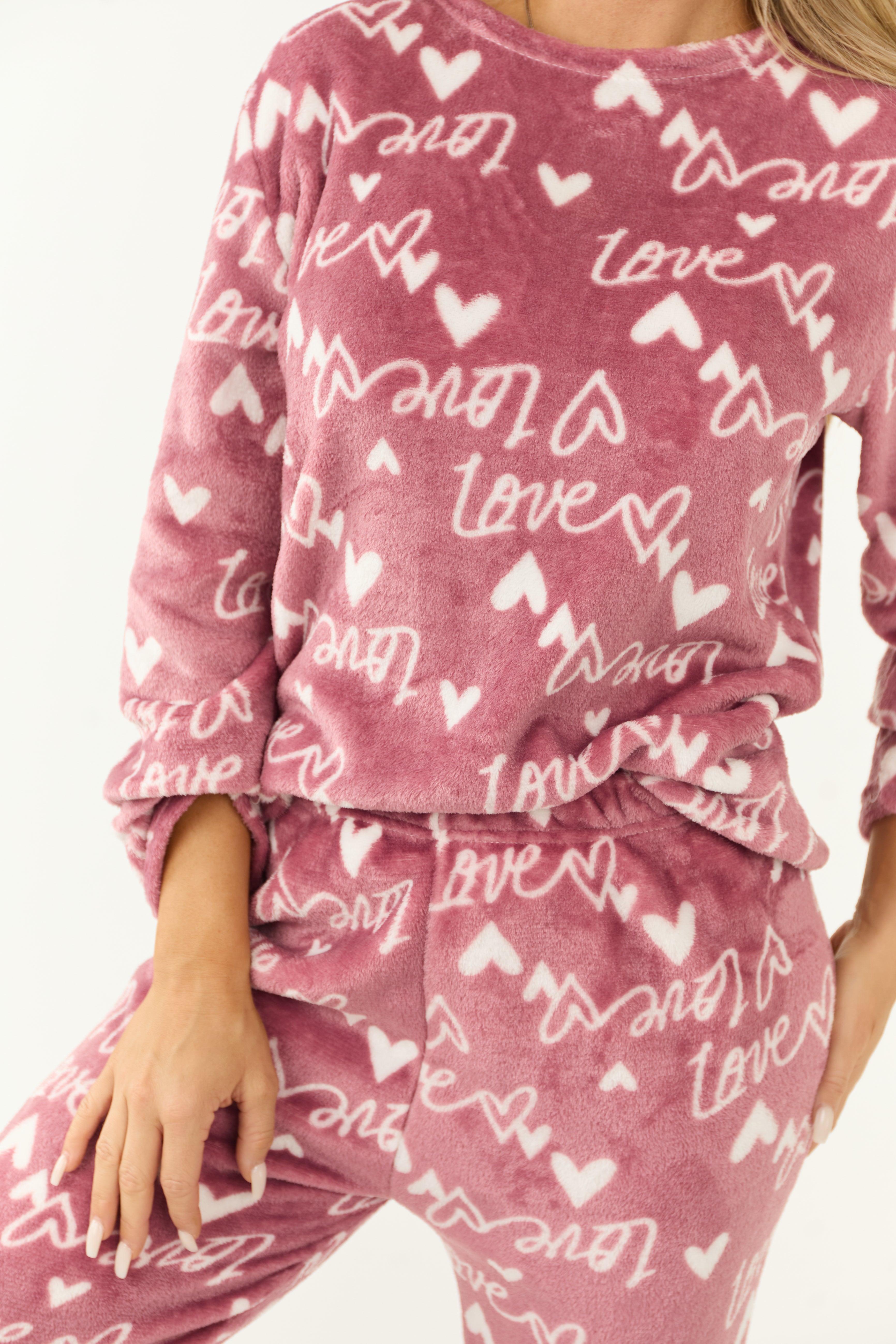 Dusty Blush Heart Love Print 2 Piece Soft Pajama Set