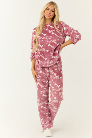 Dusty Blush Heart Love Print 2 Piece Soft Pajama Set