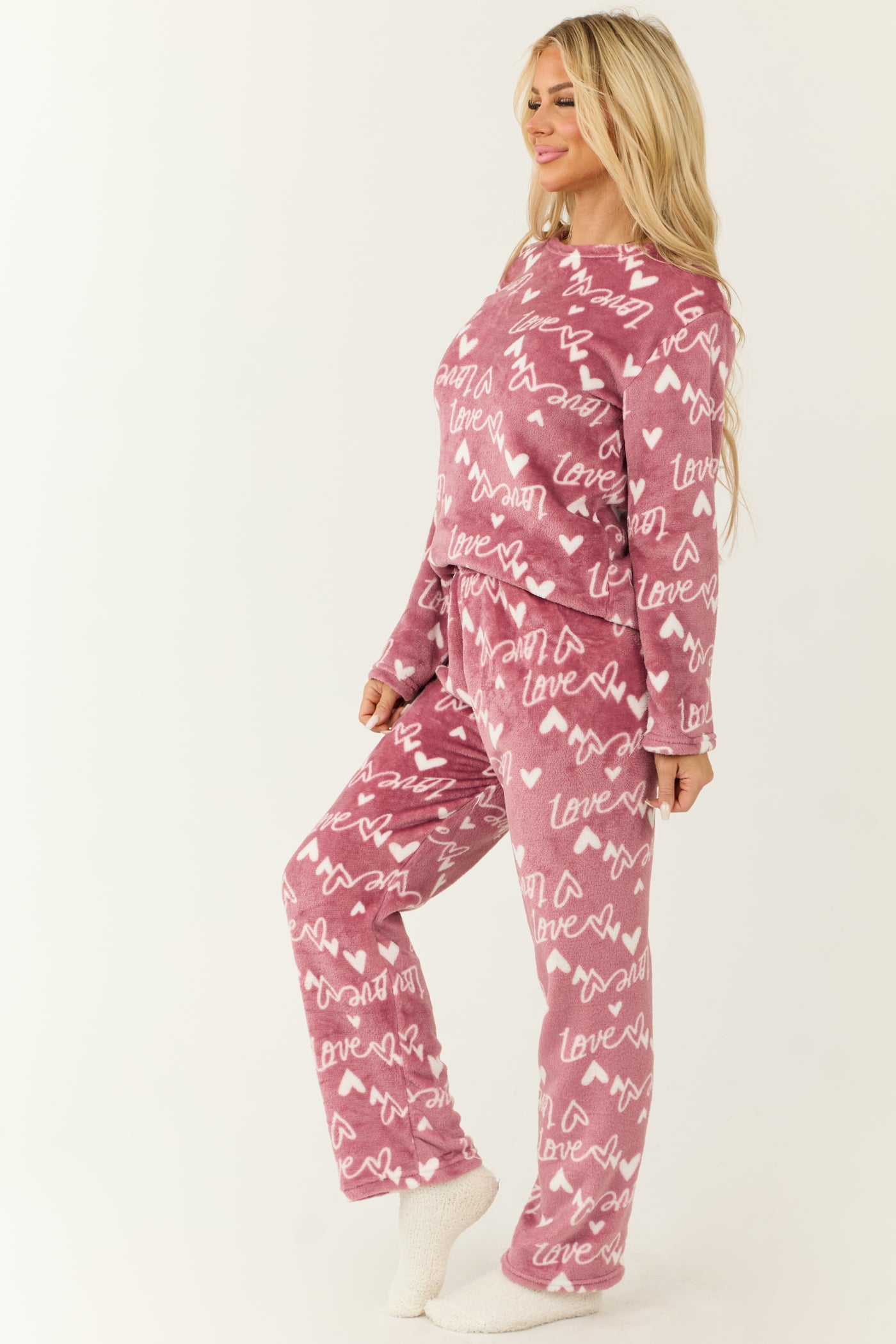 Dusty Blush Heart Love Print 2 Piece Soft Pajama Set