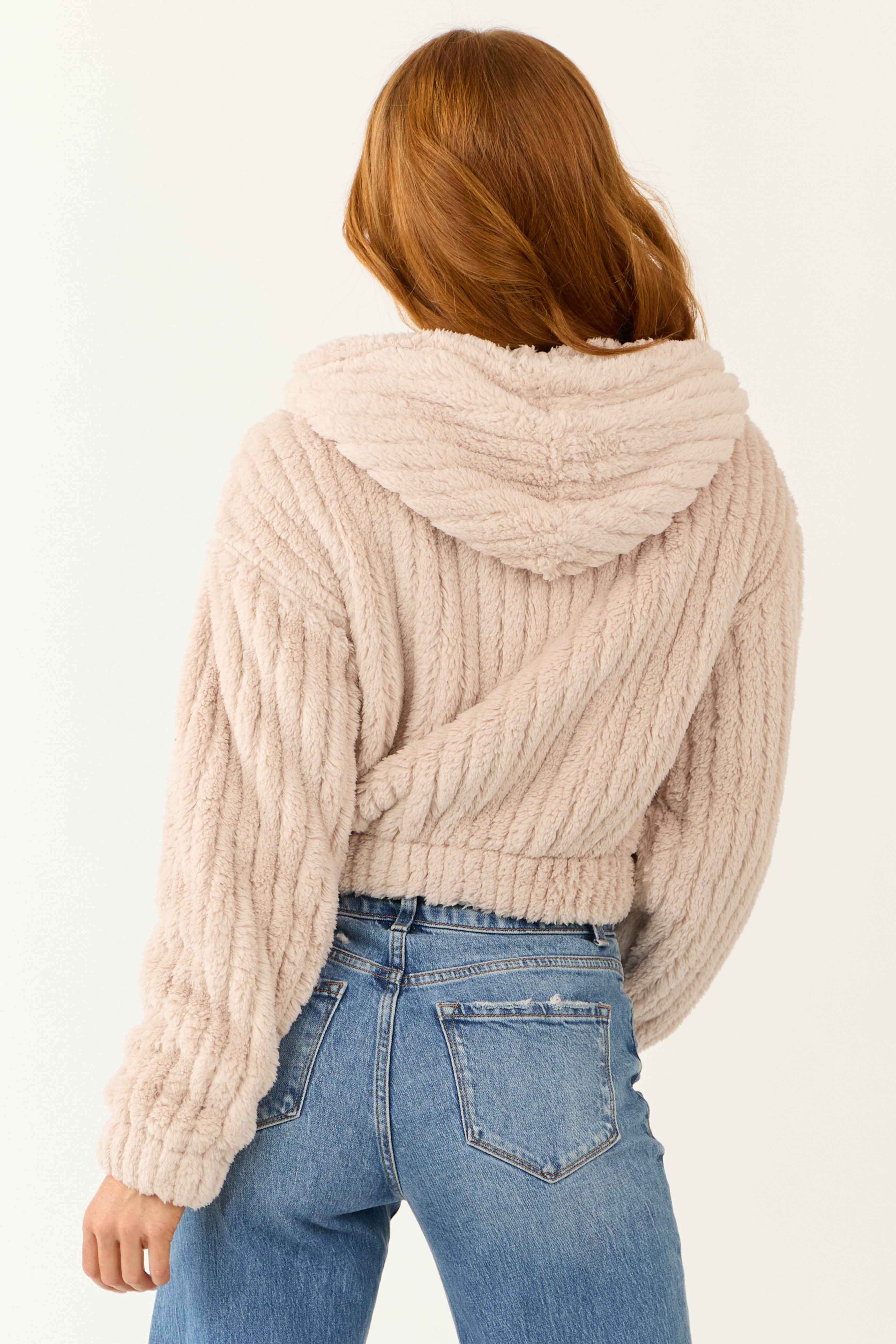 Dusty Blush Hooded Ribbed Faux Fur Jacket