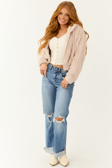 Dusty Blush Hooded Ribbed Faux Fur Jacket