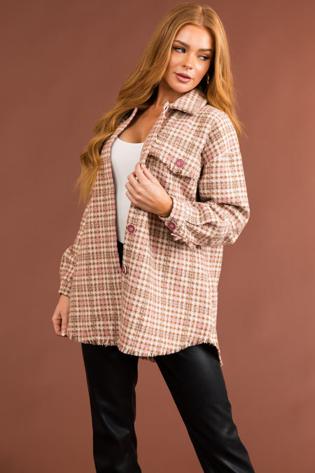 Dusty Blush Houndstooth Button Up Shacket