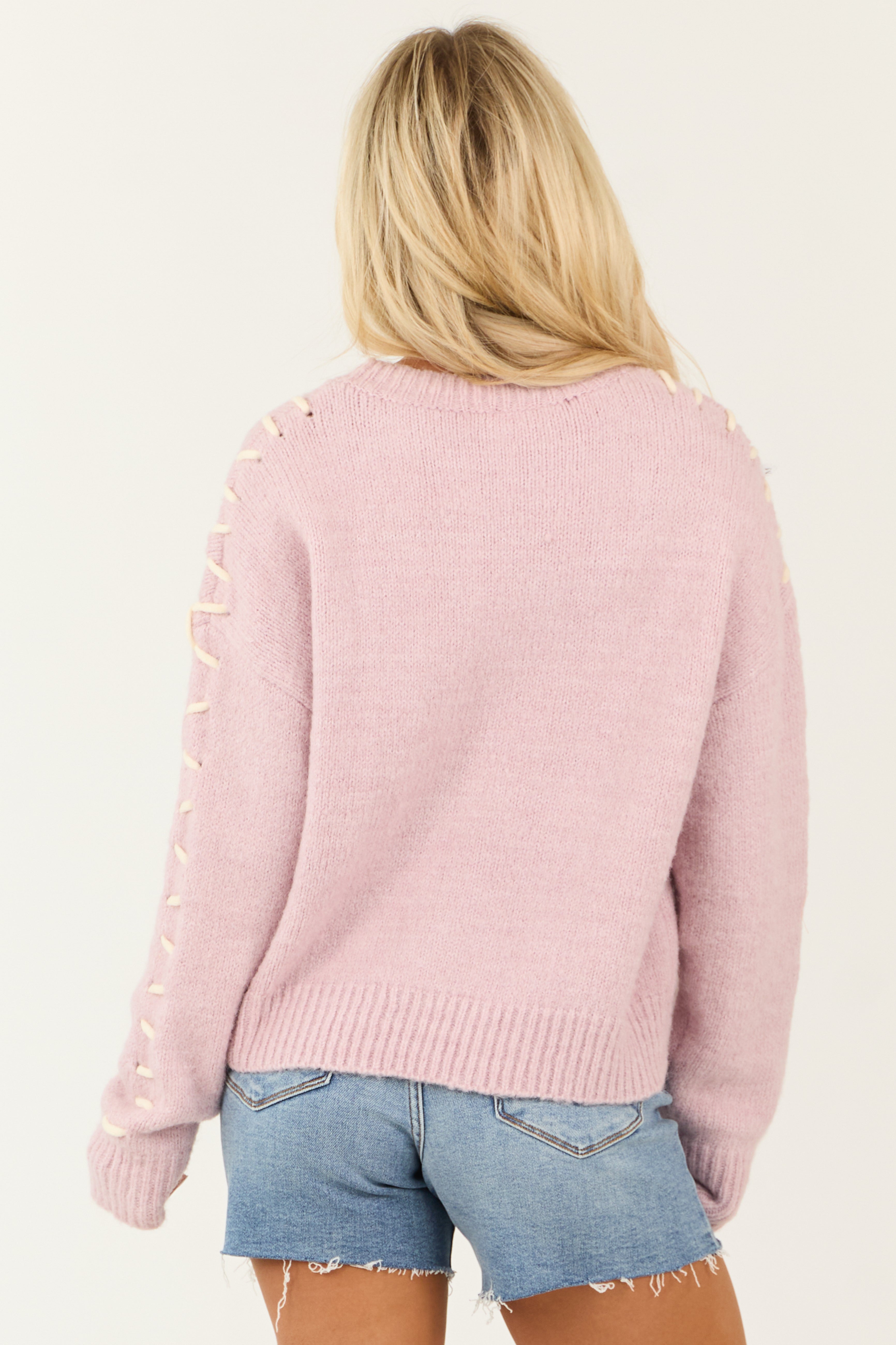 Dusty Blush Knit Sweater with Contrast Yarn Stitch