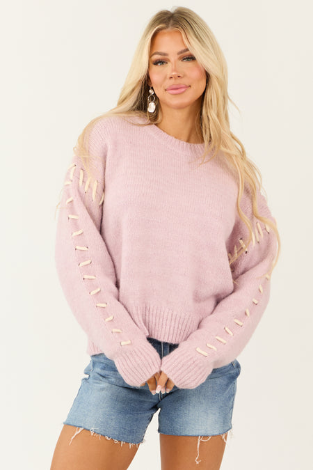 Dusty Blush Knit Sweater with Contrast Yarn Stitch