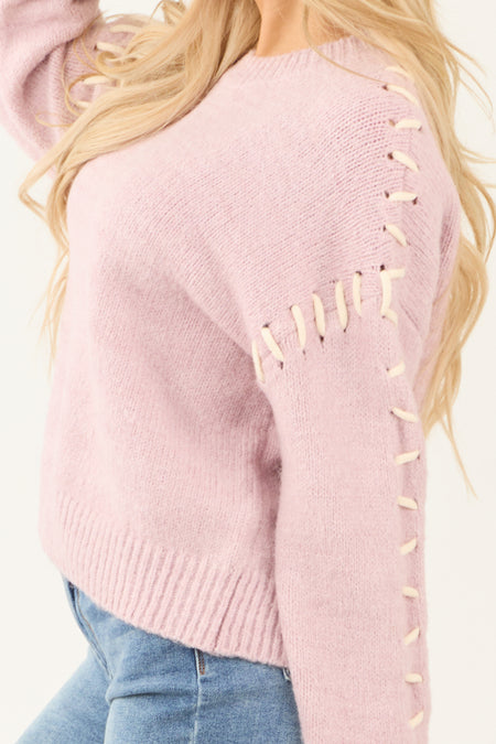 Dusty Blush Knit Sweater with Contrast Yarn Stitch