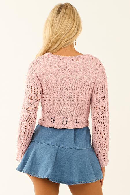 Dusty Blush Open Knit Two Tie Long Sleeve Cardigan