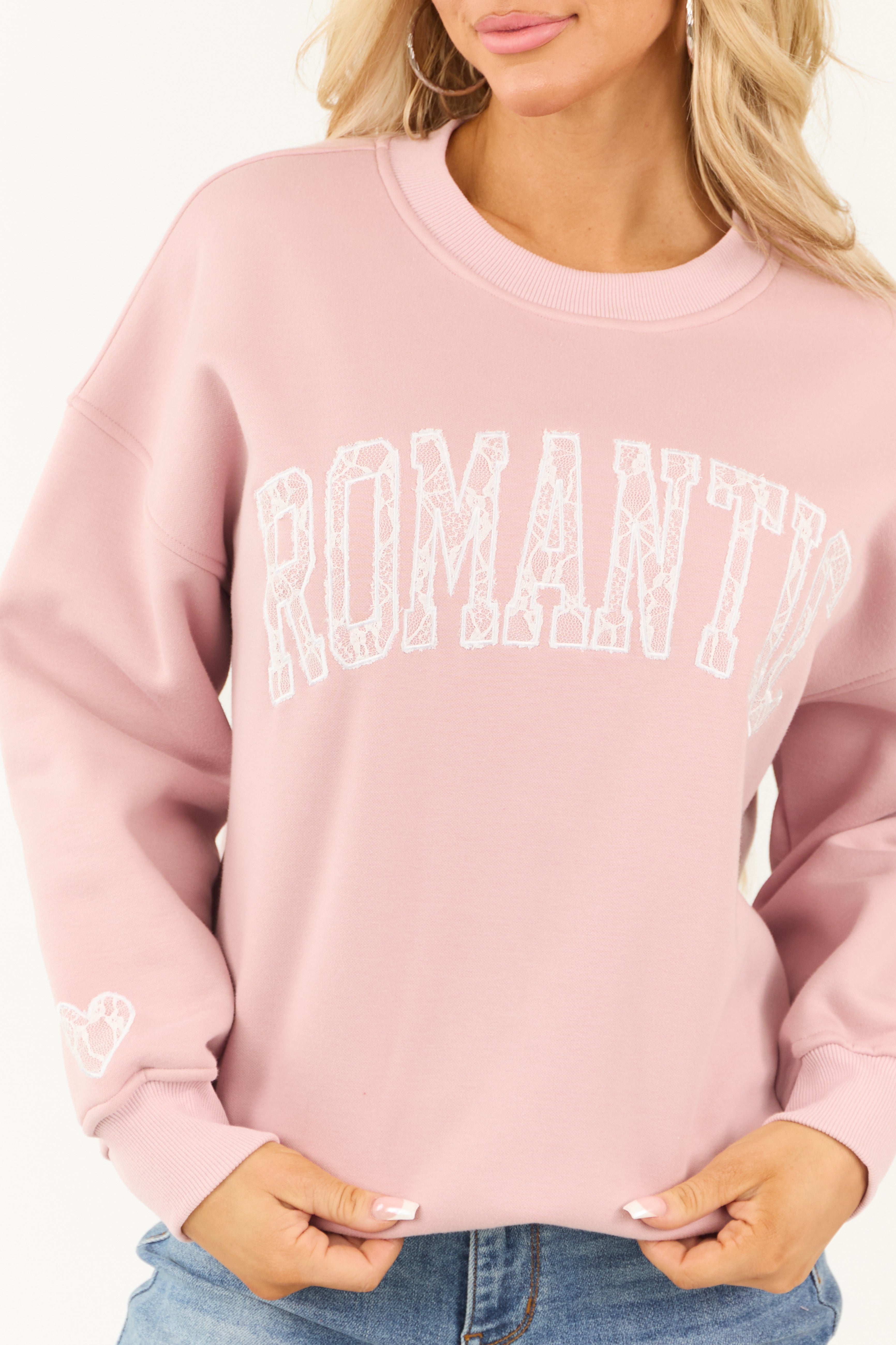 Dusty Blush 'Romantic' Lace Graphic Sweatshirt