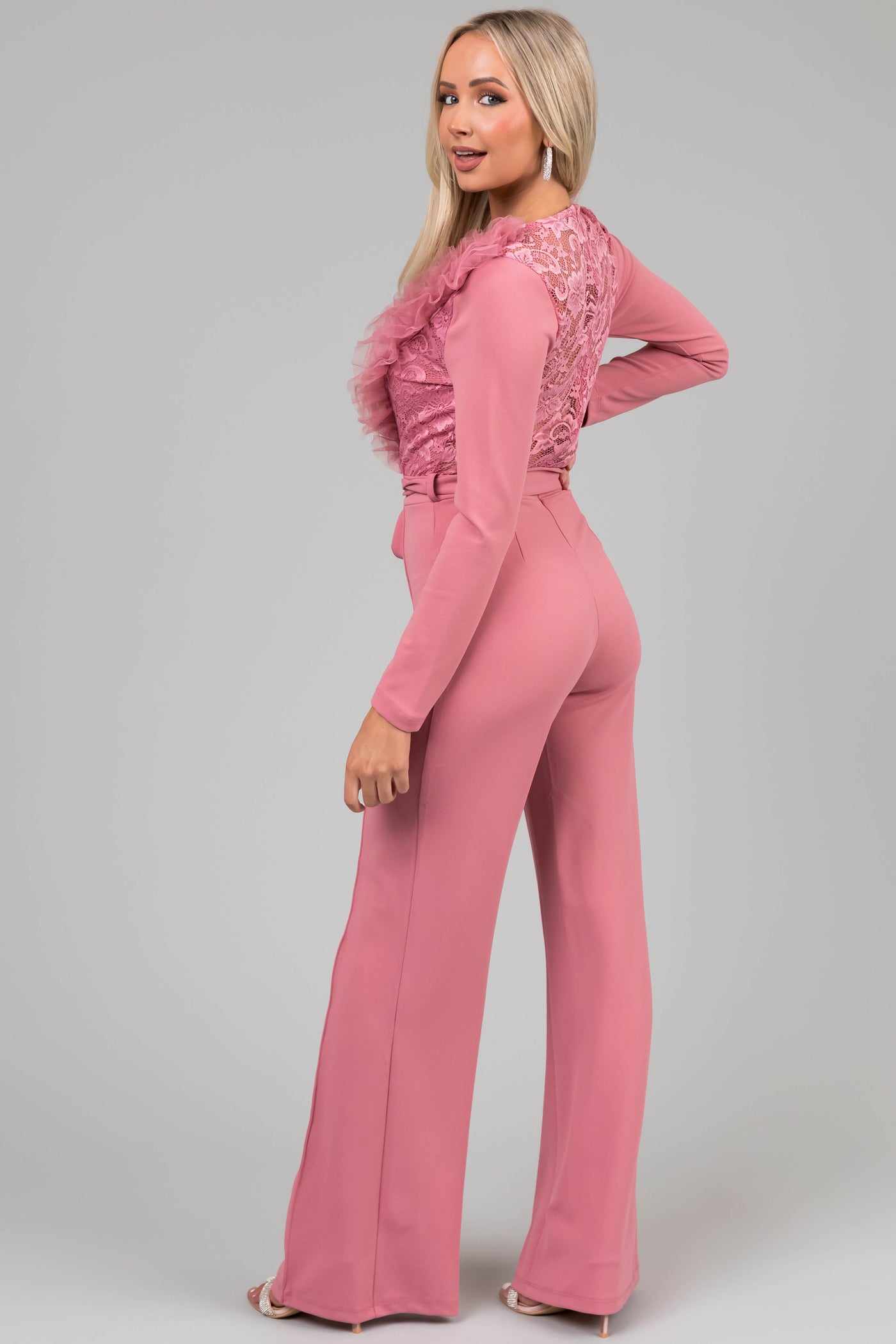 Valentine Dusty Blush Ruffle Neckline Floral Lace Jumpsuit - Size S